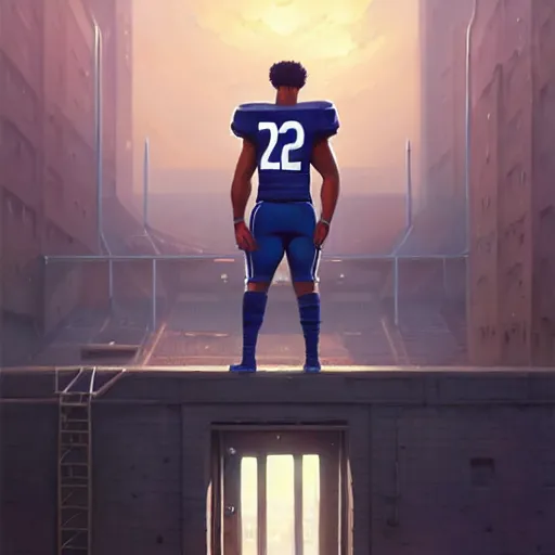 Image similar to highly detailed portrait of saquon barkley towering over a football stadium, unreal engine, fantasy art by greg rutkowski, loish, rhads, ferdinand knab, makoto shinkai and lois van baarle, ilya kuvshinov, rossdraws, tom bagshaw, global illumination, radiant light, detailed and intricate environment h 6 0 4