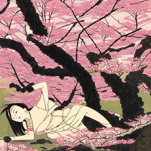 Image similar to japanese edo period woodblock print of a girl laying underneath pink blossoming cherry trees in the background, art by greg rutkowski and yoji shinkawa and akira toriyama