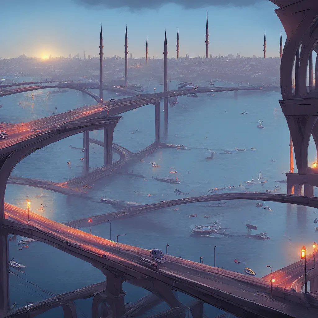 Image similar to a cinematic scene from istanbul bridge, concept art by nick ford and sylvain sarrailh,