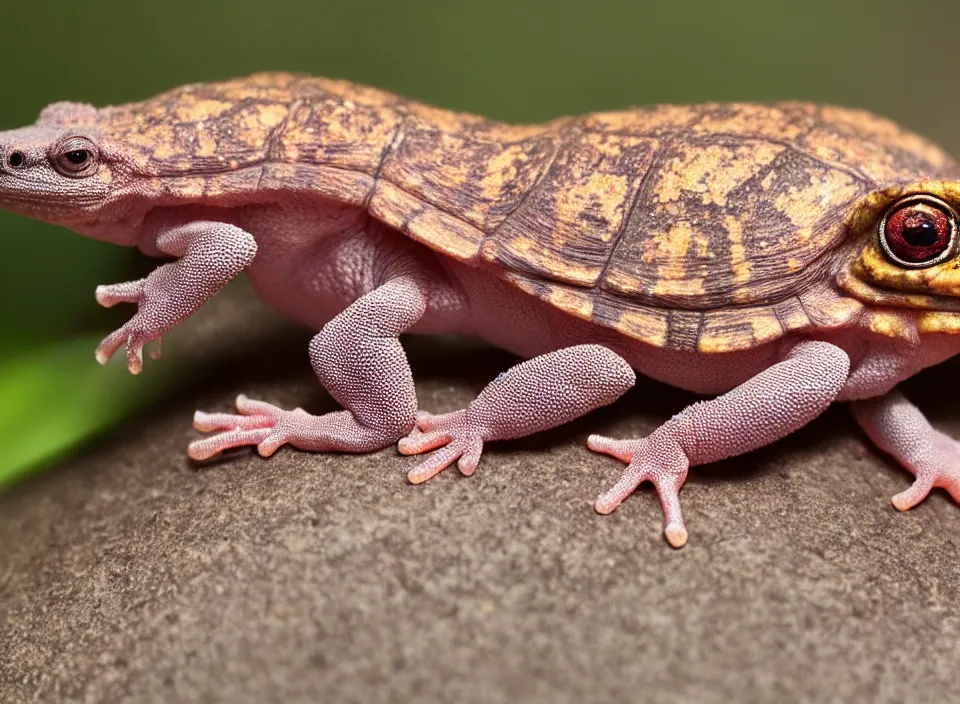 Image similar to Photo of one young New Zealand pink gecko tortoise looking at the viewer, cute, nature photography, National Geographic, 4k, award winning photo