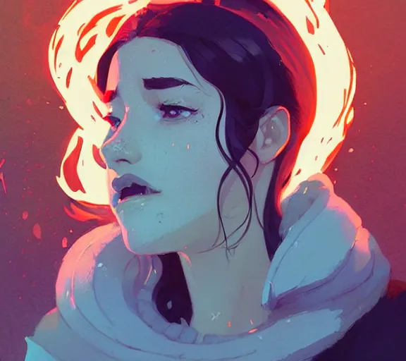 Prompt: portrait of king of fire kissing queen of snow by atey ghailan, by greg rutkowski, by greg tocchini, by james gilleard, by joe fenton, by kaethe butcher, dynamic lighting, gradient light blue, brown, blonde cream and white color scheme, grunge aesthetic