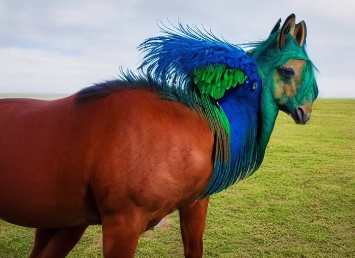 Prompt: photo of a hybrid between a horse and a peacock