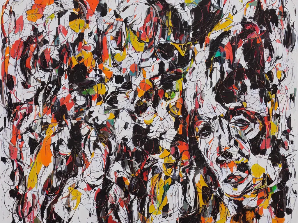 Image similar to abstract figurative expressive line art with random chaotic splashes of colour by george condo in an aesthetically pleasing natural earthy tones,