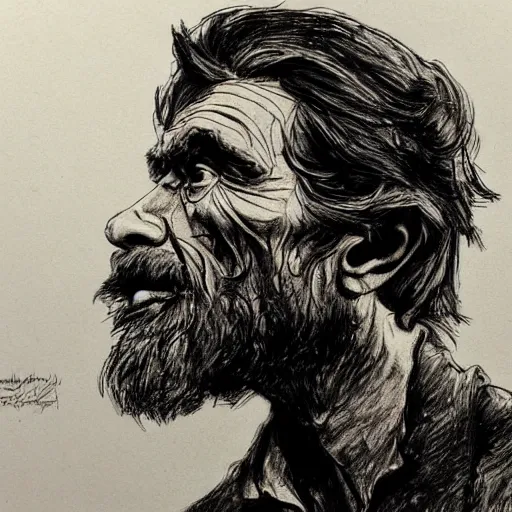 Image similar to a realistic yet scraggly portrait sketch of the side profile of a stern and sophisticated willem dafoe with a beard, trending on artstation, intricate details, in the style of frank auerbach, in the style of sergio aragones, in the style of martin ansin, in the style of david aja, in the style of mattias adolfsson