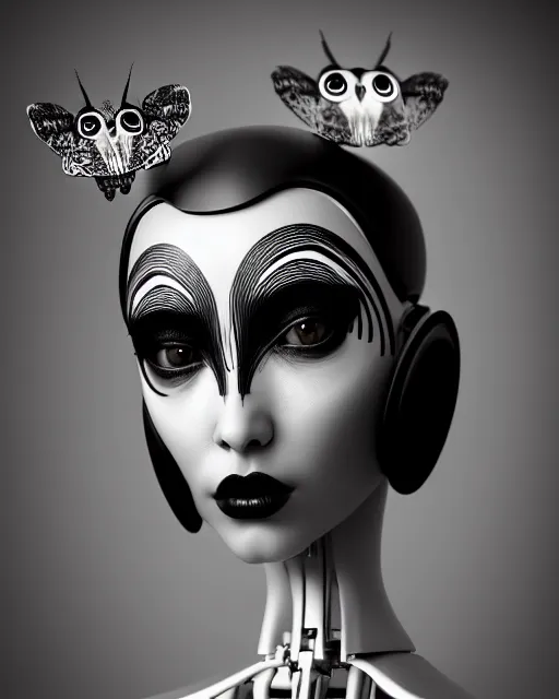 Prompt: surreal mythical dreamy dark artistic black and white fine art 3 / 4 fashion portrait photo of a young beautiful delicate female robot with orchid - owl face, rim light, cinematic, studio dramatic light, poetic, masterpiece, octane render, 8 k, photo - realistic by hg giger