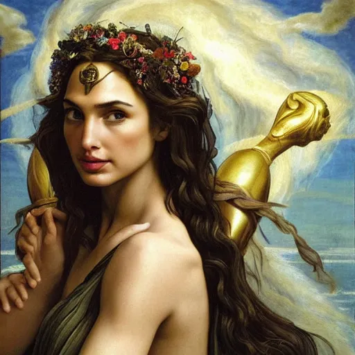 Image similar to Head and shoulders masterpiece portrait oil painting of the beautiful goddess Gal Gadot as Persephone, she is wearing roman clothes and a surreal jewelry, her hair is natural disheveled, she is approaching heaven over the clouds, naturalism, dramatic lighting, high-detailed oil painting by Ilya Repin, Michelangelo da Caravaggio, William Blake, Alex Grey and Beksinski, trending on Artsation, hystorical painting, naturalism, masterpiece, 4k, 8k,