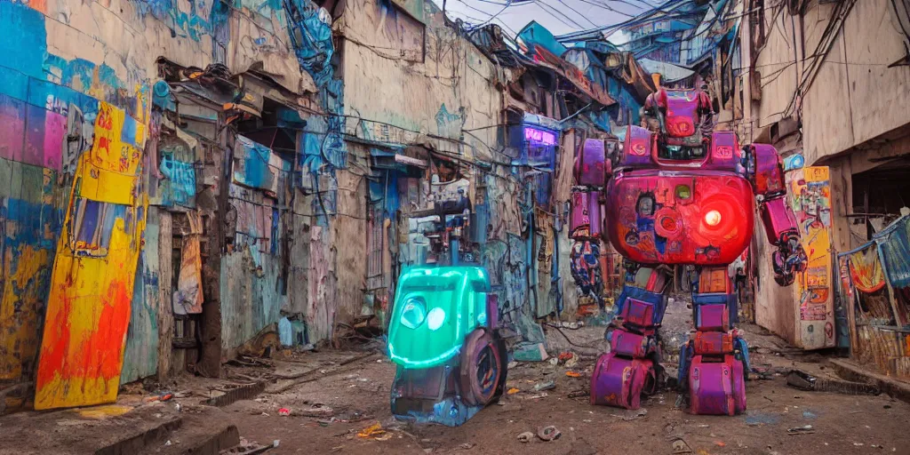 Image similar to colourful - damaged - giant mecha ROBOT of neon lit AJEGUNLE SLUMS of Lagos, markings on robot, Golden Hour,