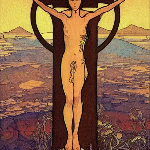 Image similar to a spiritual cross on top of a holy mountain, Mucha, Moebius, Mohrbacher