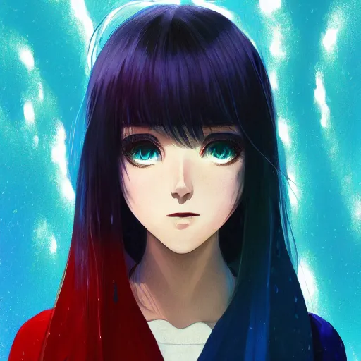 Prompt: water dripping on rimuru tempest, heavenly ripples, sky blue straight hair, bangs, with amber eyes, black jacket, high collar, ultra detailed, euphoric, masterpiece, digital painting, psychedelic, cinematic, wlop, pixiv, swirly, ilya kuvshinov, ross tran
