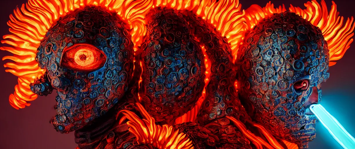 Image similar to hyperrealist highly detailed english medieval portrait of high fashion monster wearing flame fire smoke flame armor, radiating atomic neon corals, veiny network growth with neon uranium pattern, concept art pascal blanche dramatic studio lighting 8k wide angle shallow depth of field