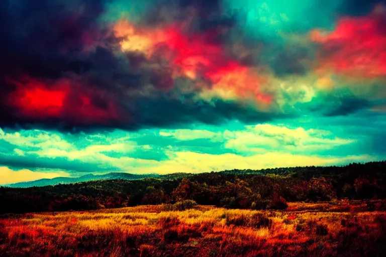 Prompt: Under a technicolor sky, with rain, saturated, 4k landscape