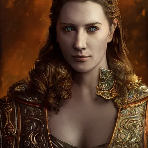 Image similar to the elder scrolls vi, charismatic regal brunette female jarl, portrait, rustic throne room, atmospheric lighting, painted, intricate, volumetric lighting, beautiful, daytime,, slight overcast weather, 4 0 0 0 k, sharp focus, deep colours, ultra detailed, by leesha hannigan, ross tran, thierry doizon, kai carpenter, ignacio fernandez rios