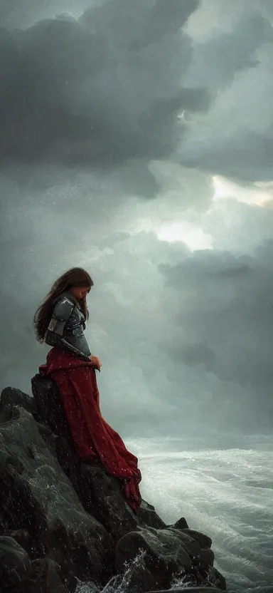 Image similar to suit of armor made of water, norway fjord, medium portrait, hudson river school, max rive, water armor, studio lighting, stormy seas, beautiful, bokeh, snowy, storm clouds, god rays, d & d, fantasy, elegant, low key color palette, concept art, roger deakins and greg rutkowski and alphonse mucha