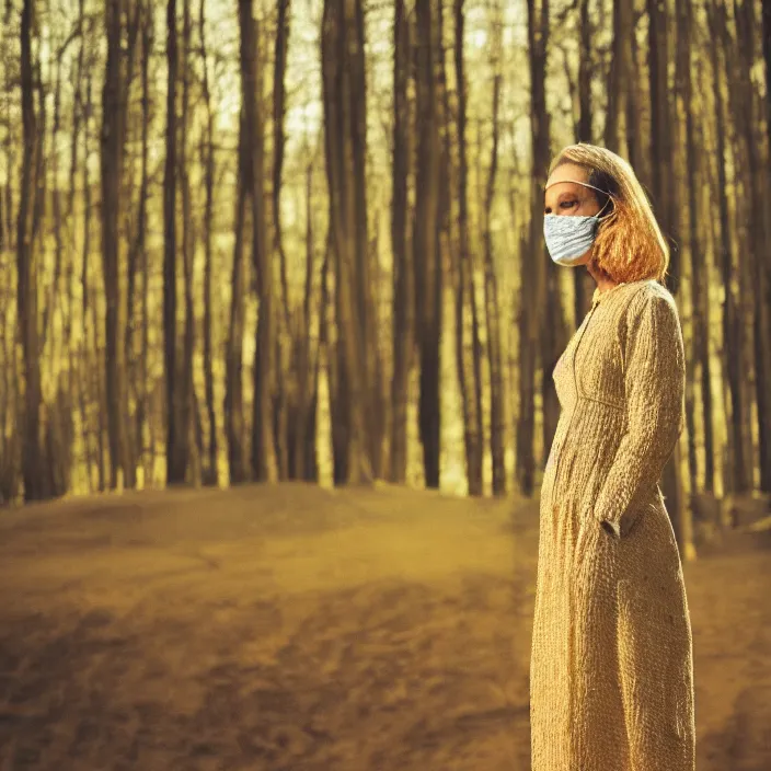 Prompt: a woman with a mask made of sand standing in a forest, golden hour, vogue magazine