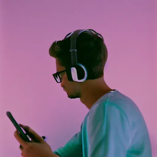 Prompt: a crowded party, a man is sitting in a corner by himself playing fortnite, pastel background colours and square lighting structures in the background. 2 0 0 mm, bokeh, kodak ektar 1 0 0, portrait photography,