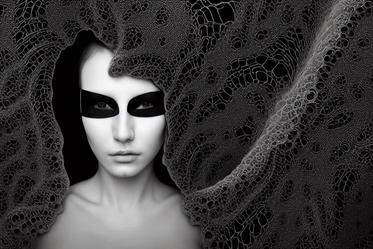 Image similar to portrait of a young beautiful woman with a mask. contemporary photograph, speed painting, fractal, mandelbulb. black and white. intricate, elegant, super highly detailed, professional digital painting, artstation, concept art, smooth, sharp focus, no blur, no dof, extreme illustration, Unreal Engine 5, Photorealism, HD quality, 8k resolution, cinema 4d, 3D, beautiful, cinematic, art by artgerm and greg rutkowski and alphonse mucha and loish and WLOP