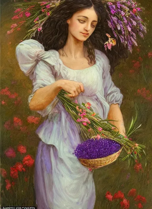 Image similar to a stunning intricate portrait of A beautiful woman, She's carrying a basket of flowers, and she has a sprig of lavender in her hair