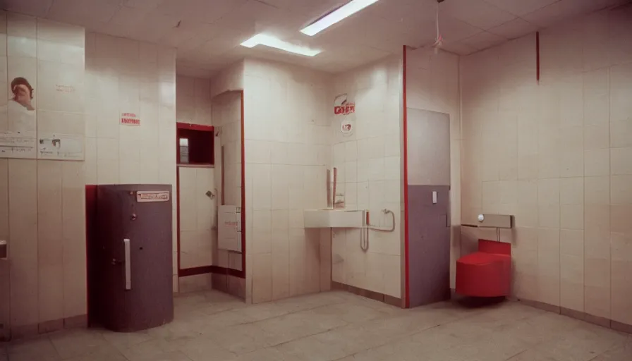 Prompt: 60s movie still of public toilets with one man cover in blood, cinestill 800t 50mm eastmancolor, liminal Space style, heavy grain-s 150