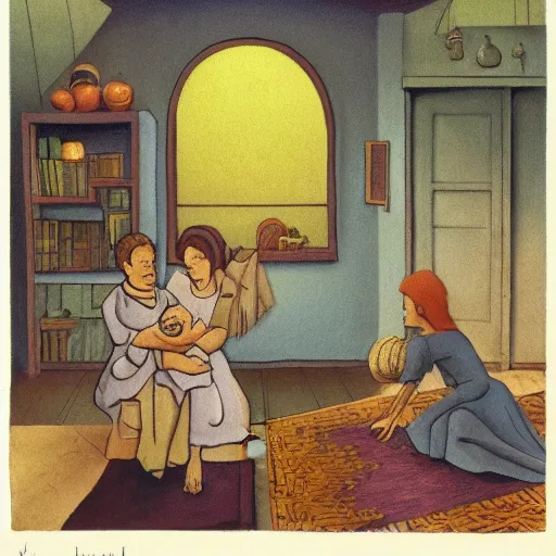 Prompt: the far side, phoenician casual by h. p. lovecraft. a beautiful performance art harmony of colors, simple but powerful composition. a scene of peaceful domesticity, with a mother & child in the center, surrounded by a few simple objects. colors are muted & calming, serenity & calm.