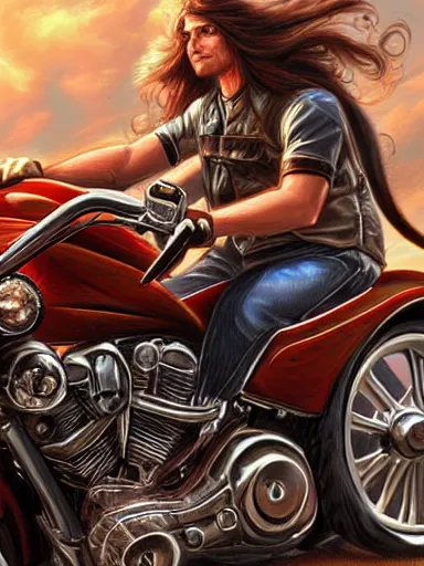 Image similar to handsome man with long hair riding a harley davidson. intricate, elegant, highly detailed, digital painting, artstation, concept art, sharp focus, illustration, by justin gerard and artgerm, 8 k