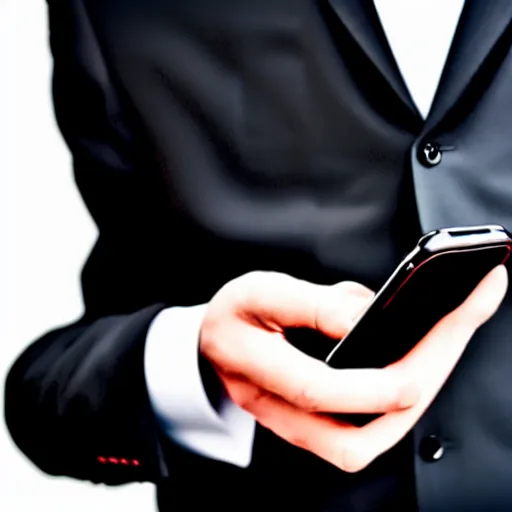 Image similar to man in a black suit, holding a very advance phone, photorealistic, realistic, dramatic, cinematic, cinematic, photography