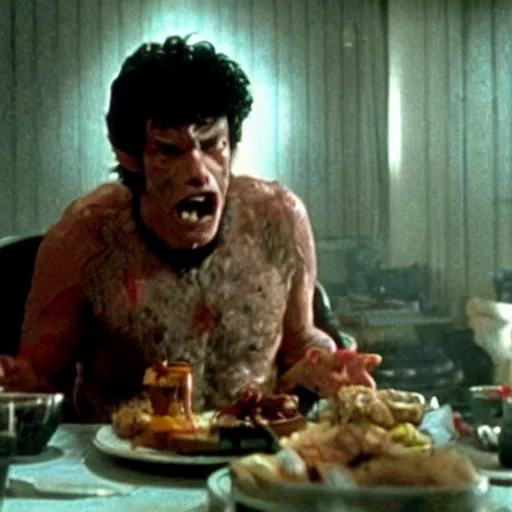 Image similar to film still of a funny looking werewolf with his hand extended, looking at food, in an american werewolf in london