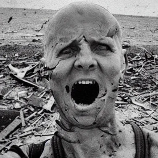 Image similar to last selfie of last alive ukrainian very damaged after a nuclear strike, a nuclear explosions in the background, dead bodies everywhere, 2 0 2 2