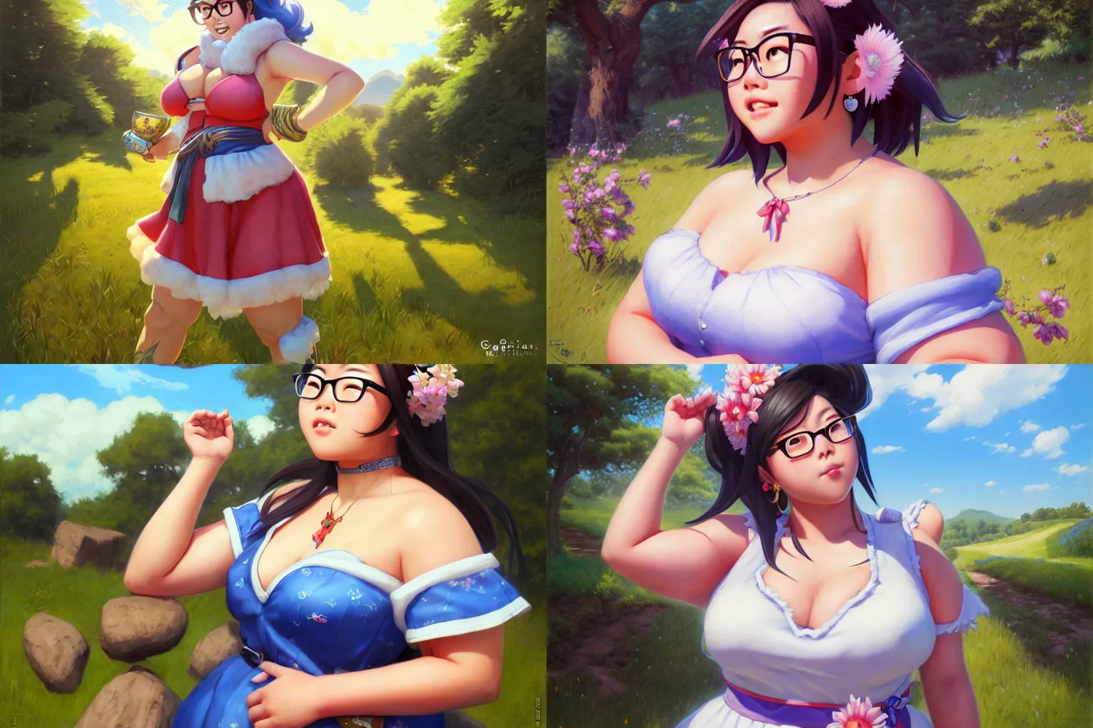 Prompt: portrait, mei from overwatch wearing a beautiful summer dress in the countryside, by greg staples and jeff easley, chubby, beautiful scene, hyper - realistic, intricate, summer day, sunlight, cheerful, soft lighting, detailed, glasses