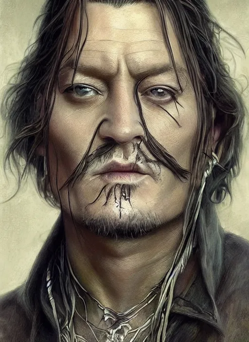 Image similar to John Wayne and Johnny Depp (((fused together))), white glowing eyes, silver shaggy hair, cloak, ethereal wings, male, fantasy, extremely detailed, digital painting, artstation, concept art, smooth, sharp focus, illustration, stunning lighting, art by artgerm and greg rutkowski and alphonse mucha and simon stalenhag, realistic character concept, high fantasy, light atmosphere, golden ratio, cinematic lighting, hyperdetailed, high resolution, insanely detailed and intricate, artstation, Marc Simonetti, Greg Rutkowski, 8k