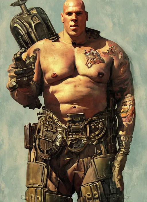 Prompt: 5 0 s pulp scifi fantasy illustration full body portrait martyn ford as huge armoured giant by norman rockwell, roberto ferri, daniel gerhartz, edd cartier, jack kirby, howard v brown, ruan jia, tom lovell, frank r paul, jacob collins, dean cornwell, astounding stories, amazing, fantasy, other worlds