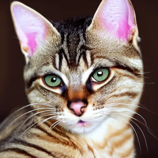 Prompt: cute brown tabby cat white nose bridge, (((pink nose))), slightly weird, mixed with a margay