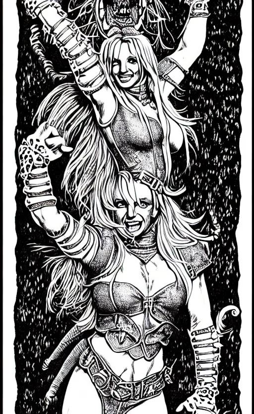 Image similar to britney spears as a d & d monster, full body, pen - and - ink illustration, etching, by russ nicholson, david a trampier, larry elmore, 1 9 8 1, hq scan, intricate details, inside stylized border