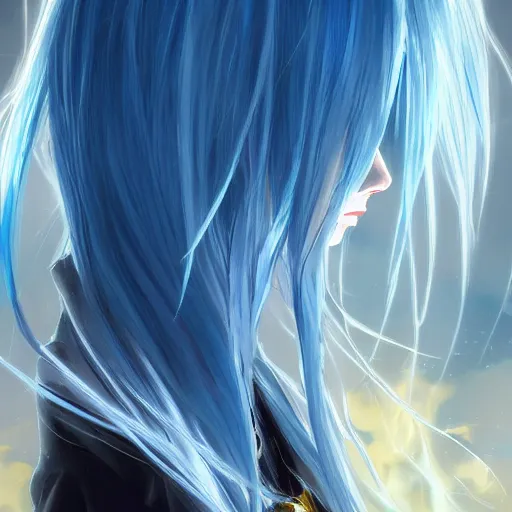 Image similar to side profile of rimuru tempest looking down with sky blue hair, long hair, gold eyes, high collar, 3 5 mm, black jacket | shiny, highly detailed, rain, professional digital painting, concept art, award - winning photography, cinematic, wlop | art by pixiv art, yoshitaka amano, deviantart