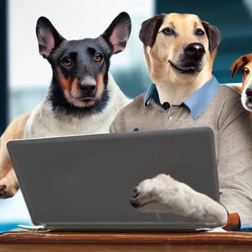 Image similar to dogs at business meeting looking at earnings charts