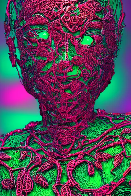 Image similar to a melancholic realistic 8k sculpture of a complex robotic human face, liquid metal simulation, bright psychedelic neon colors, dark dramatic lighting, hexagonal mesh wire, filigree intricate details, cinematic, fleshy, red blossoms, green ivy, elegant, 50mm lens, DOF, octane render, art nouveau, 8k post-processing, intricate art by greg rutkowski