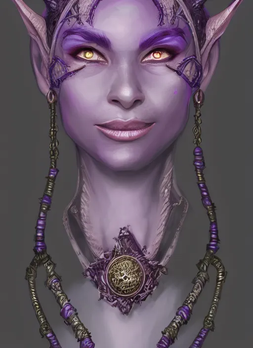 Image similar to purple skin, Tiefling , smiling, beautiful detailed eyes, cute, fantasy, intricate, elegant, highly detailed, digital painting, 4k, HDR, concept art, detailed jewelry, smooth, sharp focus, illustration, by Wayne Reynolds