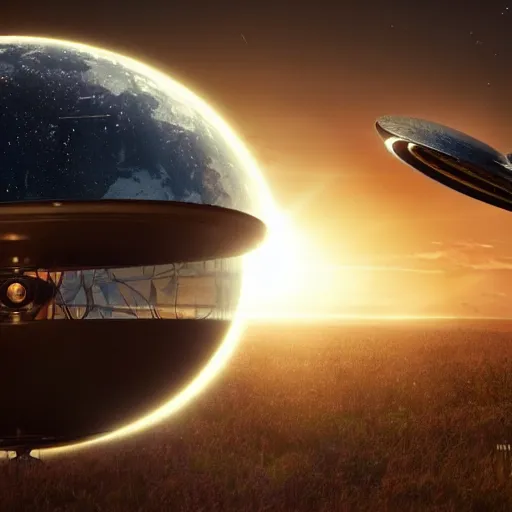 Image similar to image of a flying saucer ufo between the moon and the sun and a thousand stars ultra realistic, concept art, intricate details, serious, highly detailed, photorealistic, octane render, 8 k, unreal engine, art by todd mcfarlane and artgerm and greg rutkowski and alphonse mucha