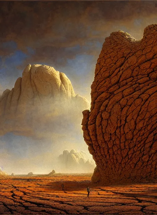 Prompt: the ancient alien home world by ivan shishkin and zacharias aagaard and gillis rombouts and donato giancola, dry river bed, barren desert landscape, chiaroscuro, tonalism, sfumato, high saturation, high contrast, vibrant, highly intricate details, dusty