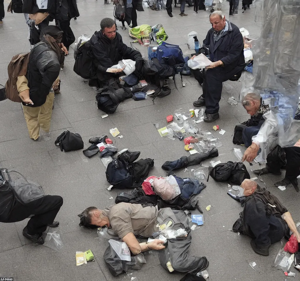 Image similar to this man was counting tablets, then he dropped them on the floor. he asked the woman next to him if the train floor had been poisoned. she didn't know, but told him that perhaps if the air had been poisoned that it didn't matter, but if the floor had been cleaned with water, then perhaps the water had been poisoned