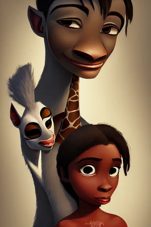 Image similar to a portrait of humanization of gloria and melman from madagascar, grim - lighting, high - contrast, intricate, elegant, highly detailed, digital painting, artstation, concept art, smooth, sharp focus, illustration