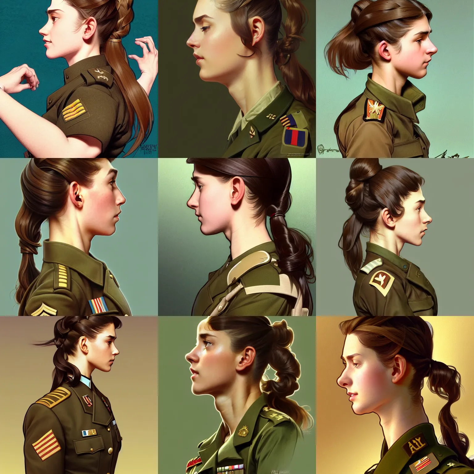Prompt: girl wearing military uniform, sitting on a chair, hands in her hair, brown hair in a ponytail. side-view, highly detailed, digital painting, artstation, concept art, smooth, sharp focus, illustration, art by artgerm and alphonse mucha, high definition digital art, in the style of Ross tran and ilya kuvshinov