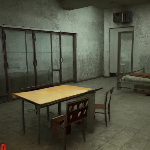 Prompt: prison visit room with glass, realistic, highly detailed, hd, unreal engine, guillermo del toro