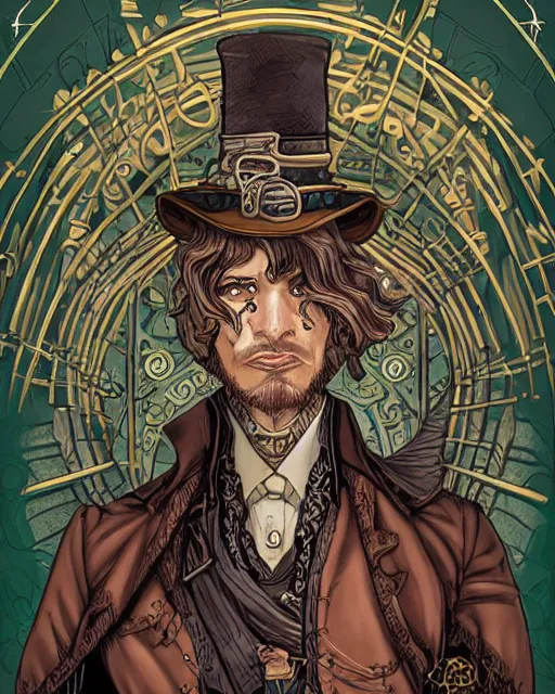 Image similar to a detailed portrait illustration of a steampunk wizard - rogue. beautiful feminine male face. art nouveau, pop art, comic book style. influenced by neil gaiman, h. p. lovecraft, dan mumford, farel dalrymple, vadim voitekhovitch, killian eng, ross tran.