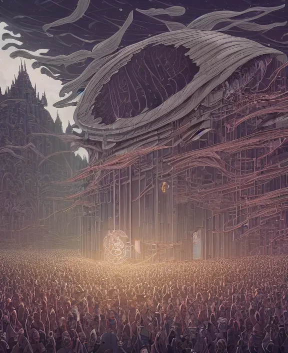 Image similar to an elegant, simple building made of viscera and body parts, crowds of people, by dan mumford, yusuke murata, makoto shinkai, ross tran, cosmic, heavenly, god rays, intricate detail, cinematic, unreal engine, cel shaded, featured on artstation, pixiv