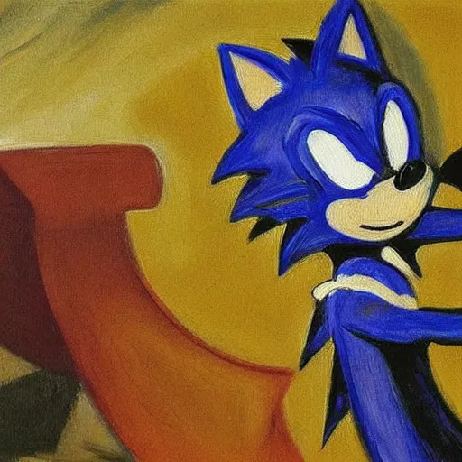 Prompt: sonic the hedgehog, expressive oil painting, portrait painted by pablo picasso and claude monet
