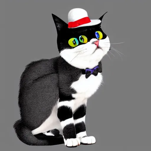 Prompt: ragdoll cat standing on its hind legs, wearing a tuxedo and a baseball hat digital art