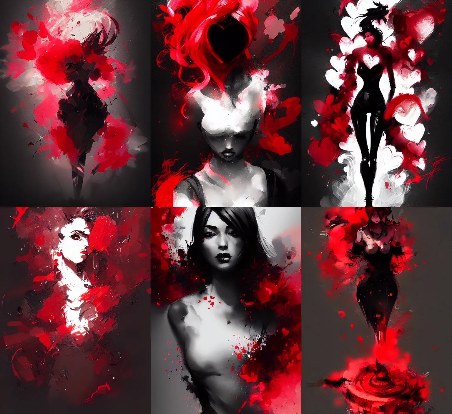 Prompt: black red ink smoke ink beauty explosion of hearts, artgerm, tony sart, mafia, noir, artstation, ismail inceoglu