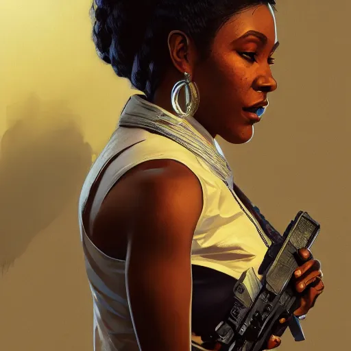 Image similar to A black woman living it large as a grand theft auto 5 loading screen, close shot, gorgeous, beautiful, intricate, highly detailed, digital painting, artstation, oppressive lighting, concept art, sharp focus, illustration, art by greg rutkowski and alphonse mucha