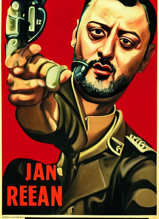 Image similar to Portrait Jean Reno gesture,look of hate, threatening pose, 1940s propaganda poster, full hd,highly detailed