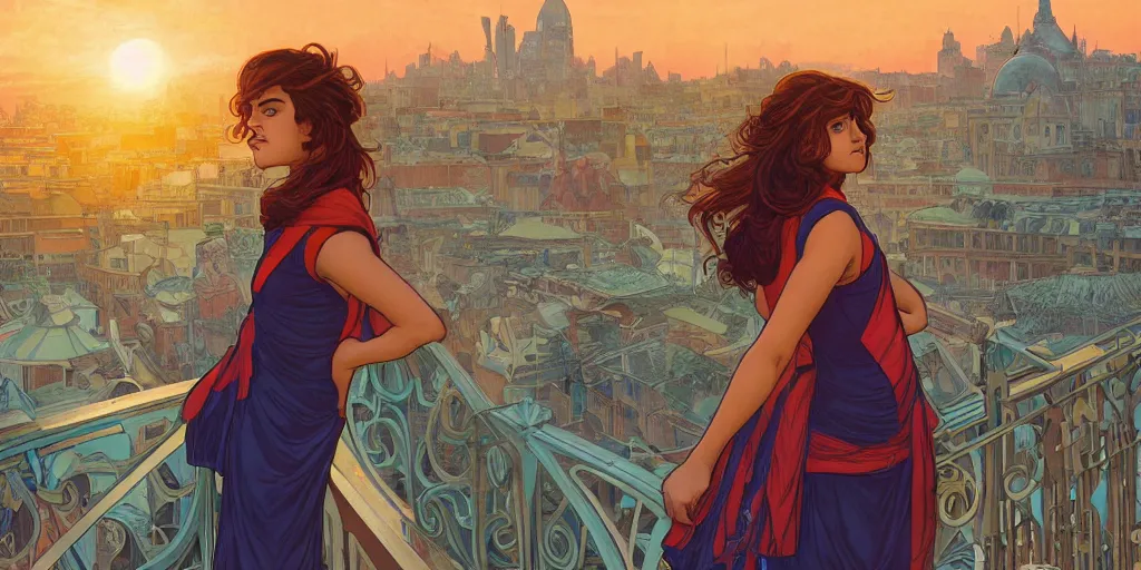 Prompt: A digital painting of Kamala Khan alone on a rooftop during Golden Hour. masterpiece 4k digital illustration, award winning, Artstation, art nouveau aesthetic, Alphonse Mucha background, intricate details, realistic, panoramic view, Hyperdetailed, 8k resolution, intricate art nouveau